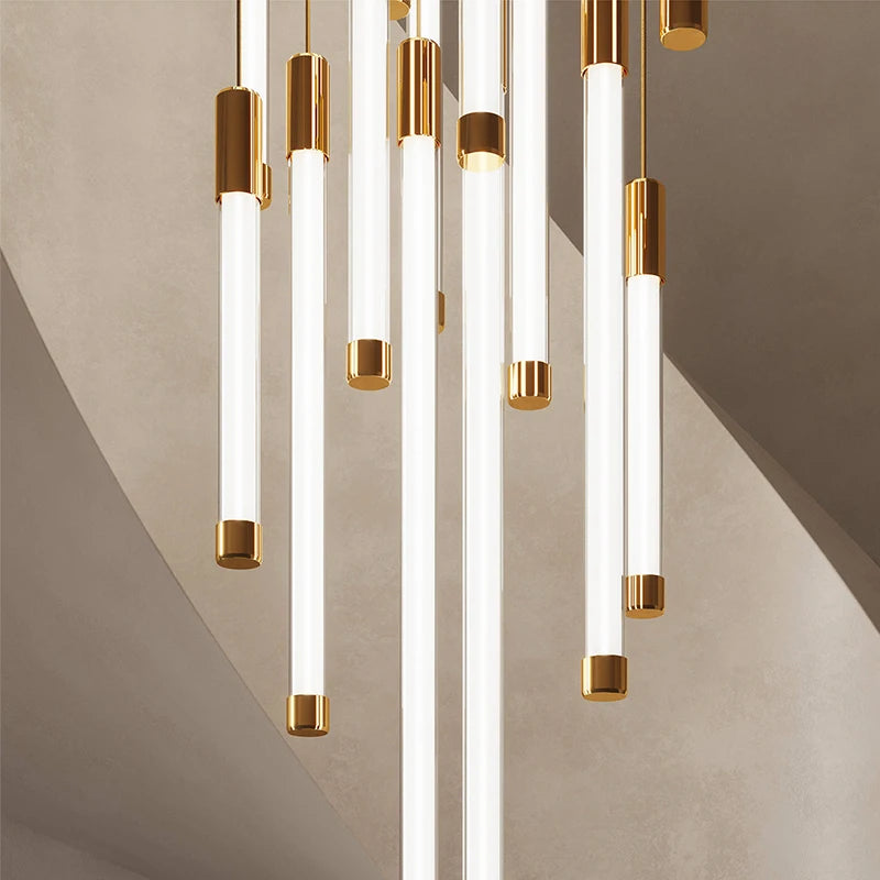 Acrylic and steel ring chandelier detail on a polished aluminum frame