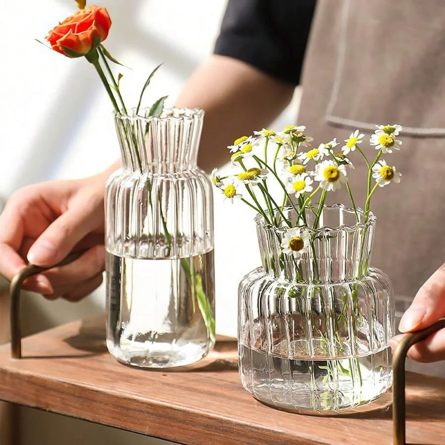 Set of four size-L retro striped mini glass vases grouped on shelf