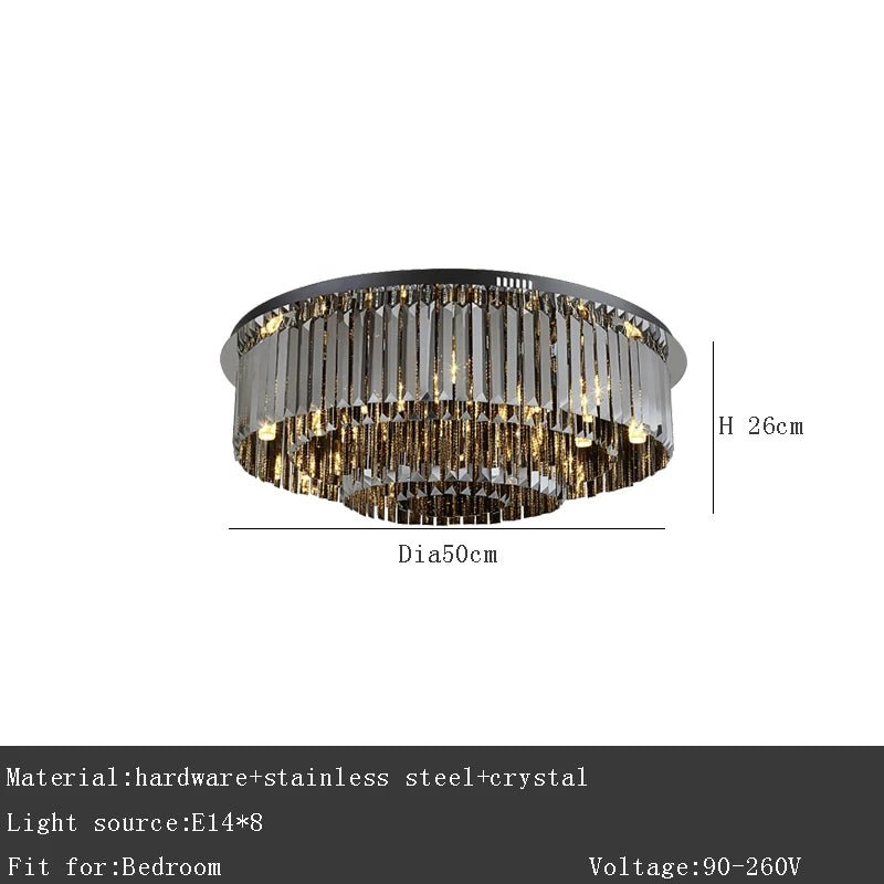 Modern black crystal ceiling chandelier running its warm light LED bulbs