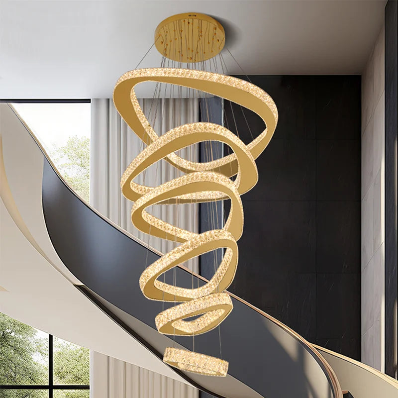 Crystal rings stacked in descending tiers on a chandelier