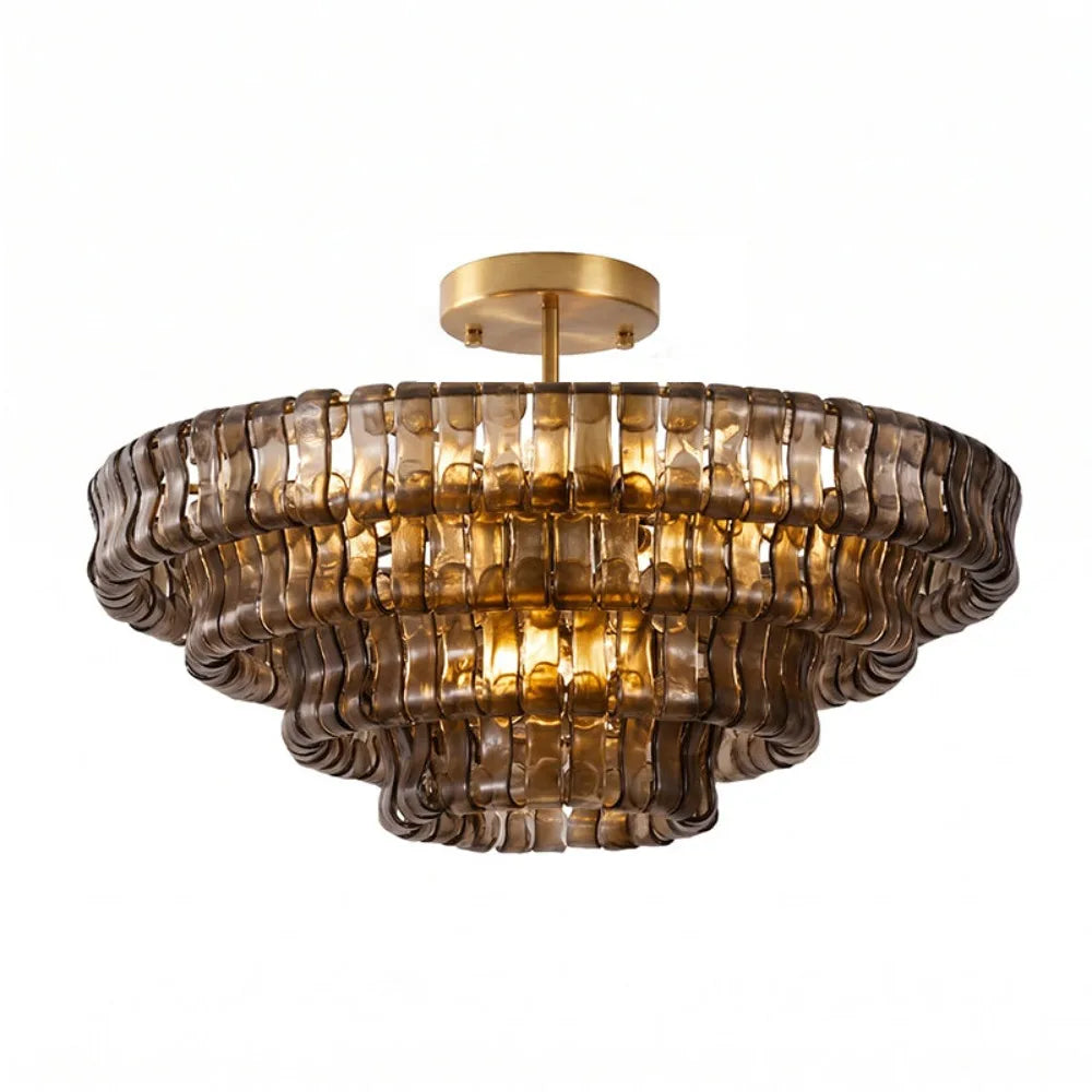 Gold frame glass chandelier, 90 cm diameter, with three-color changeable light