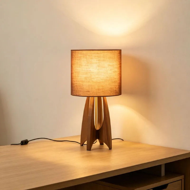 Coffee brown fabric table lamp on wooden desk neutral light mode