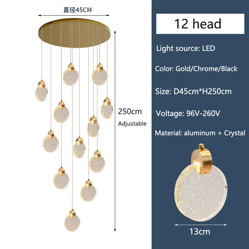 Cool light setting across the crystal of a postmodern chandelier