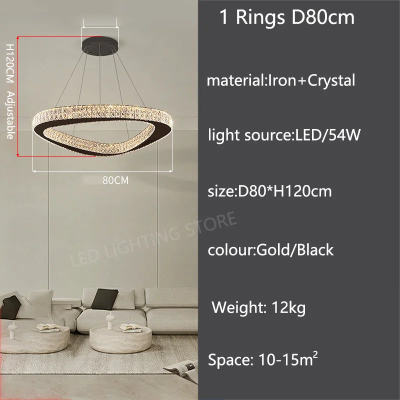 Remote dimming crystal ring chandelier shifting color temperature