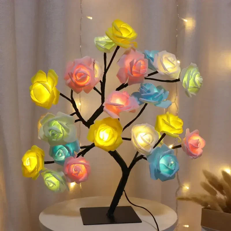 Three fairy tree lamp variants maple leaf rose pink rose blue displayed