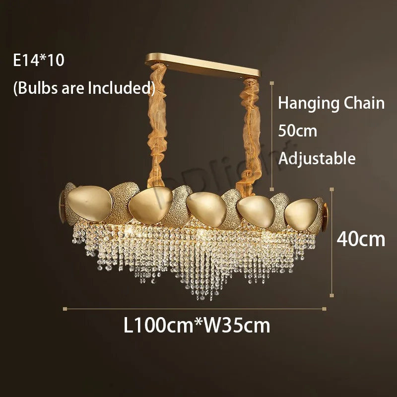 Crystal tassel chandelier at 39.4 in length with E14 LED bulbs included
