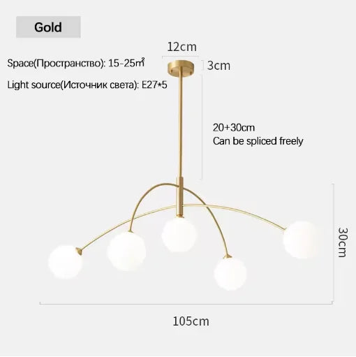 Three globe arched chandelier in gold with frosted glass shades