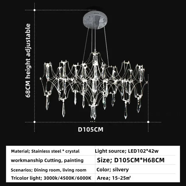 Crystal chandelier at 39.4 in across in neutral light, bulbs not included