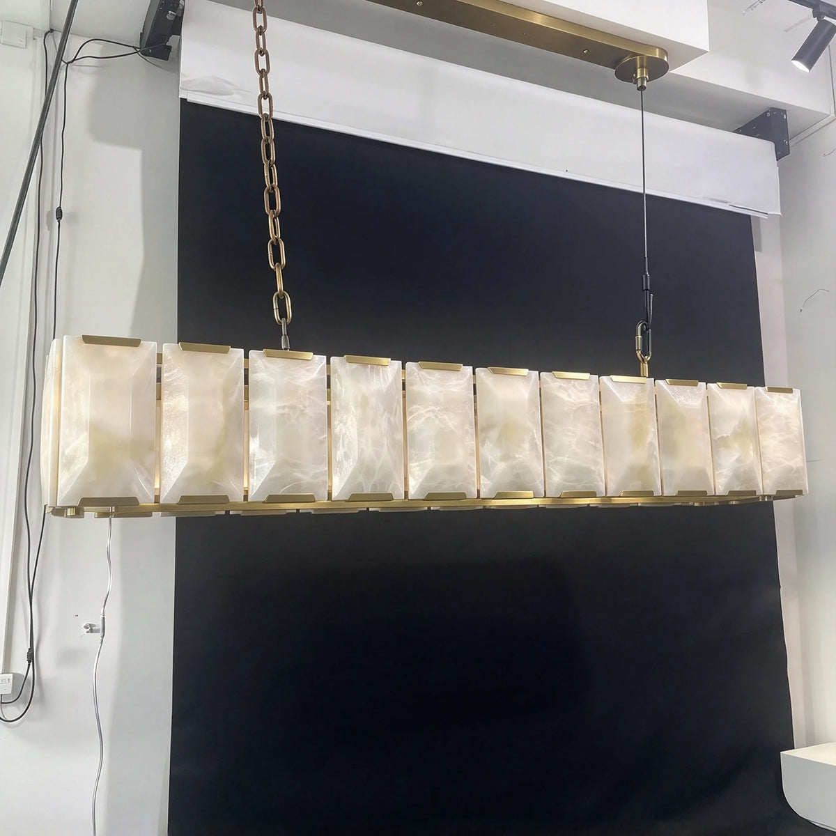 Alabaster linear bar chandelier with matt white crystal on a steel frame