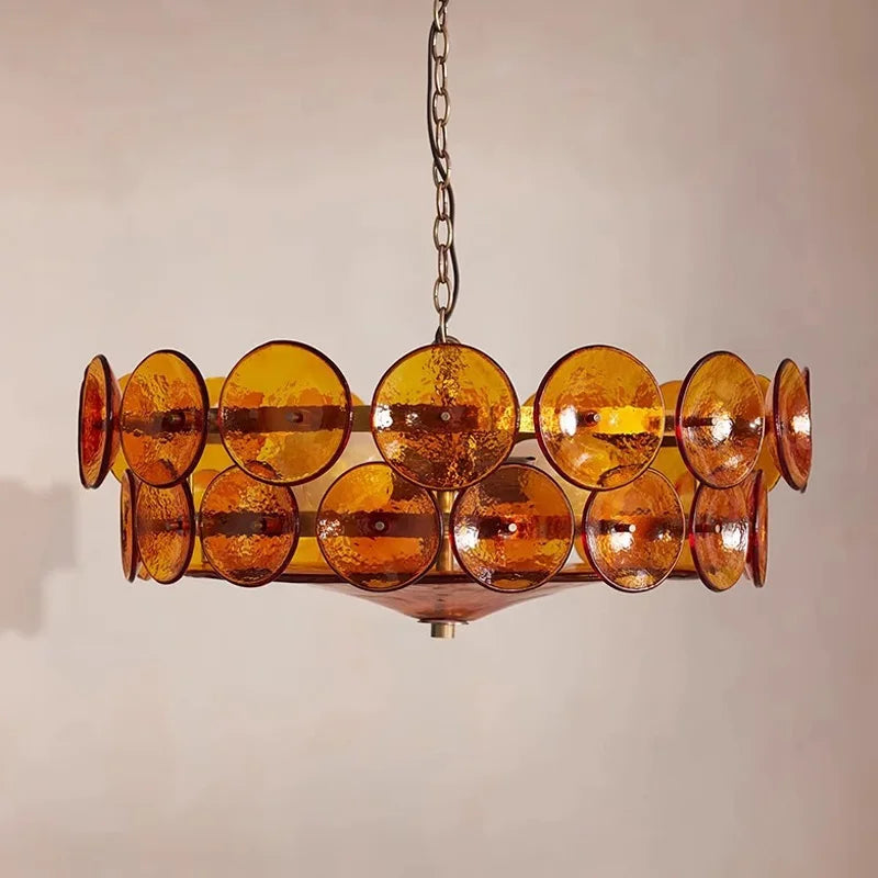 Tinted glass chandelier in tea color with downward facing shades, 31.5 inches