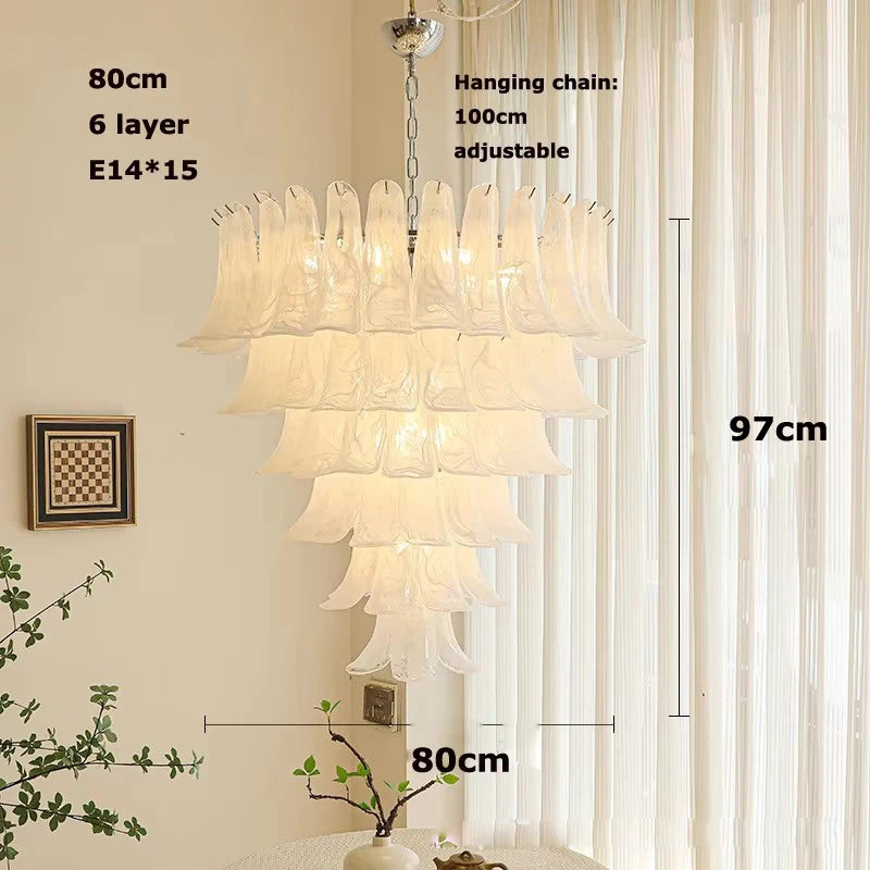Glass petal chandelier at 19.7 in across in neutral light, assembly required