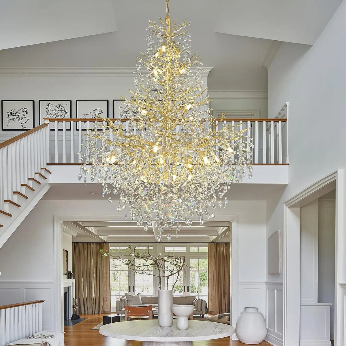 Crystal branch staircase chandelier with gold aluminum frame and clear crystal