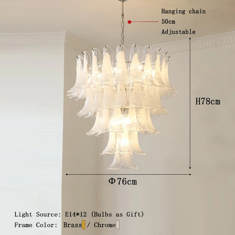 Cloudy white glass chandelier on a polished brass stainless frame