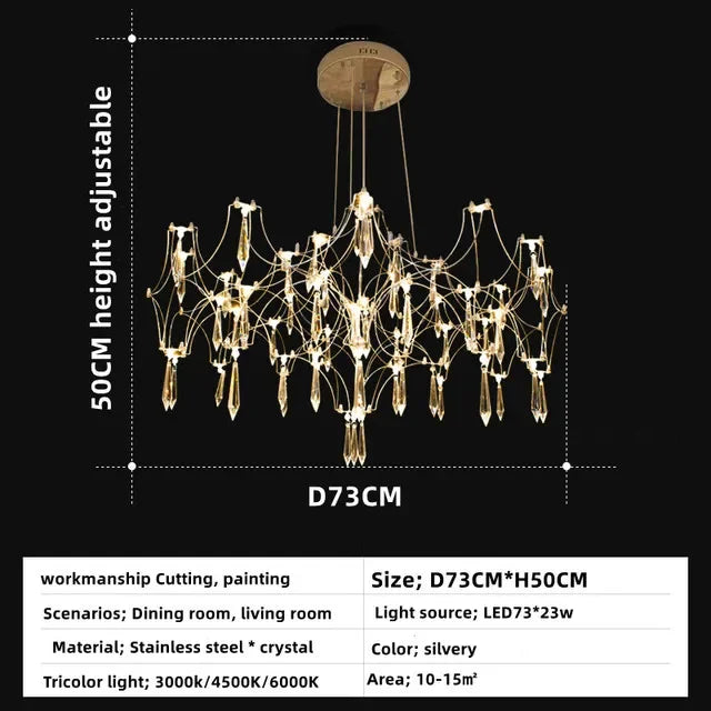 Polished gold crystal chandelier radiating from a single iron hub