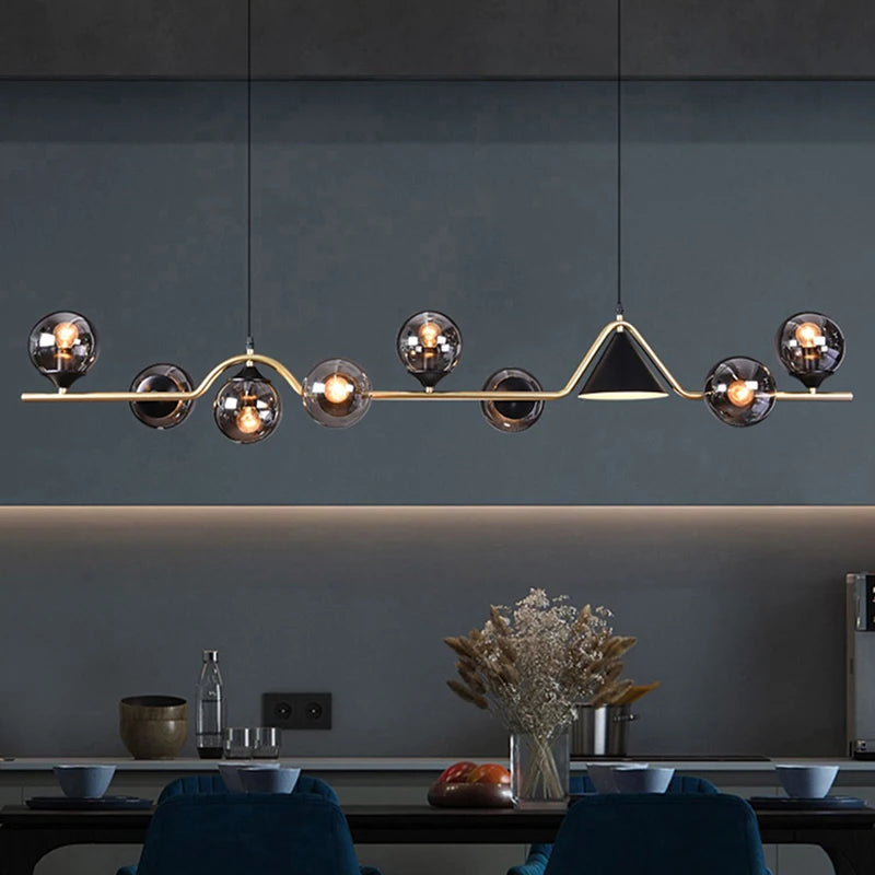 Linear glass chandelier at 47.2 in length with six glass heads