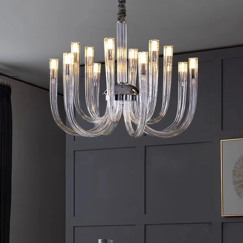 Crystal strand detail on a modern ring chandelier with an iron frame