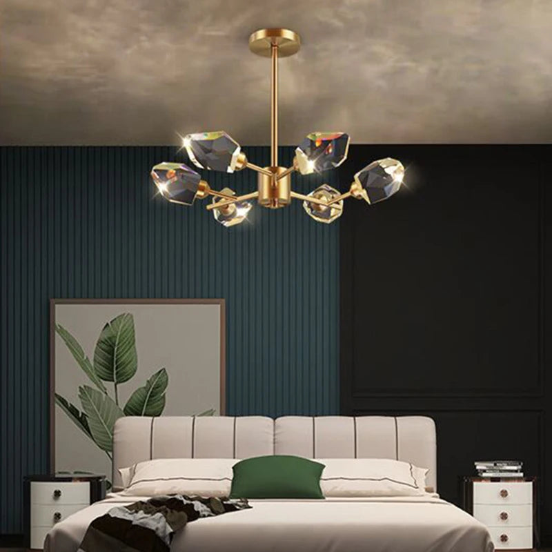 Nine head crystal chandelier on a 32.3 in (82 cm) golden ironware frame