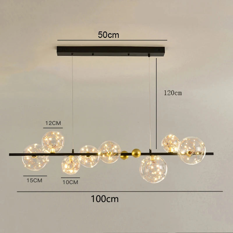 Row of glass shades on an iron chandelier bar in natural white light