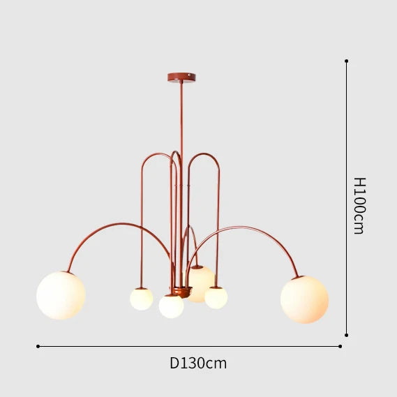 Nordic minimalist arc chandelier with evenly lit frosted glass spheres