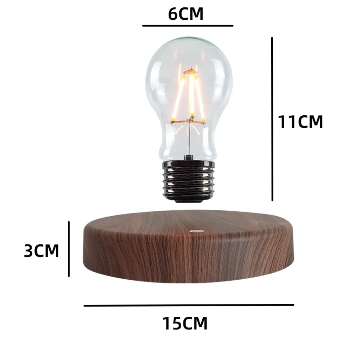 Floating glass LED bulb lamp glowing on home office desk