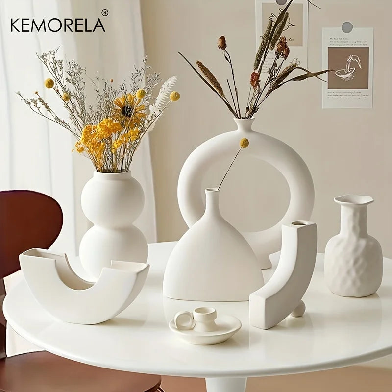 Nordic ceramic donut ring vase style 1 with circular hollow on white shelf