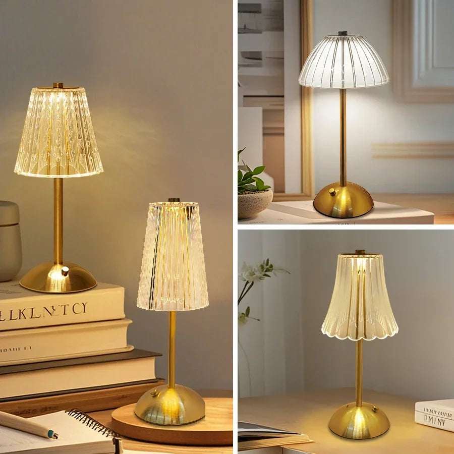 E style rechargeable wireless table lamp on bedroom nightstand glowing