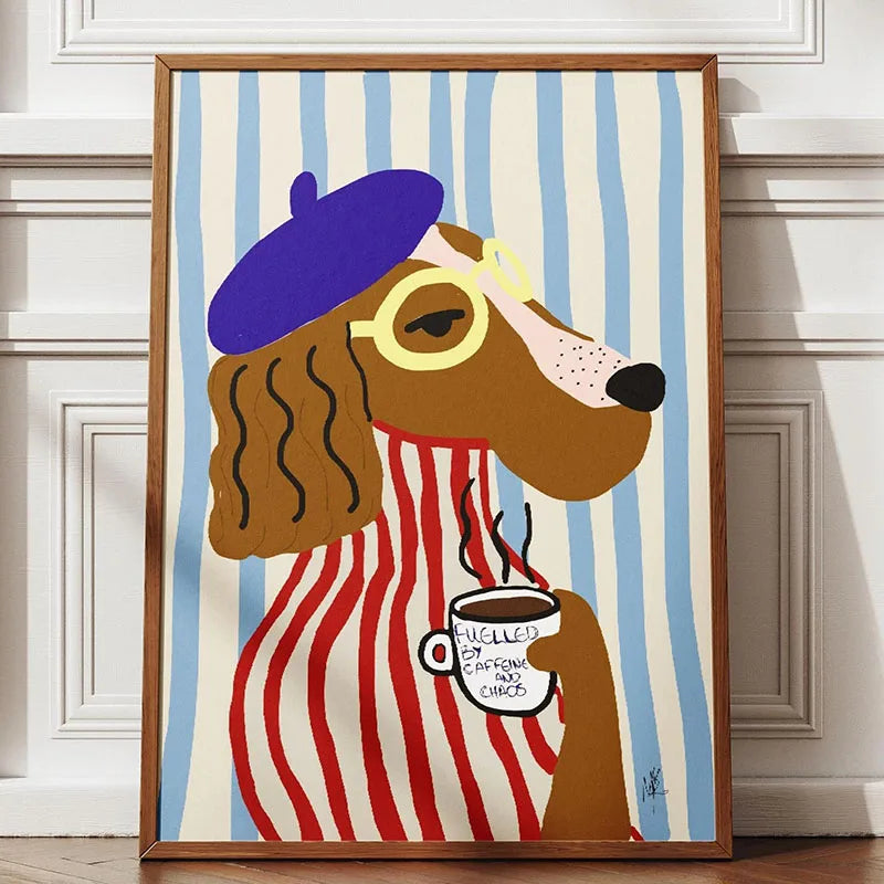 Funny Retro Dog Illustration Canvas Wall Art