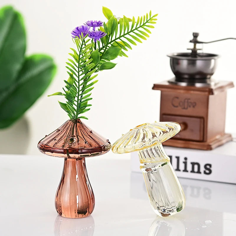 Whimsical glass mushroom vase in style C as aromatherapy vessel on table