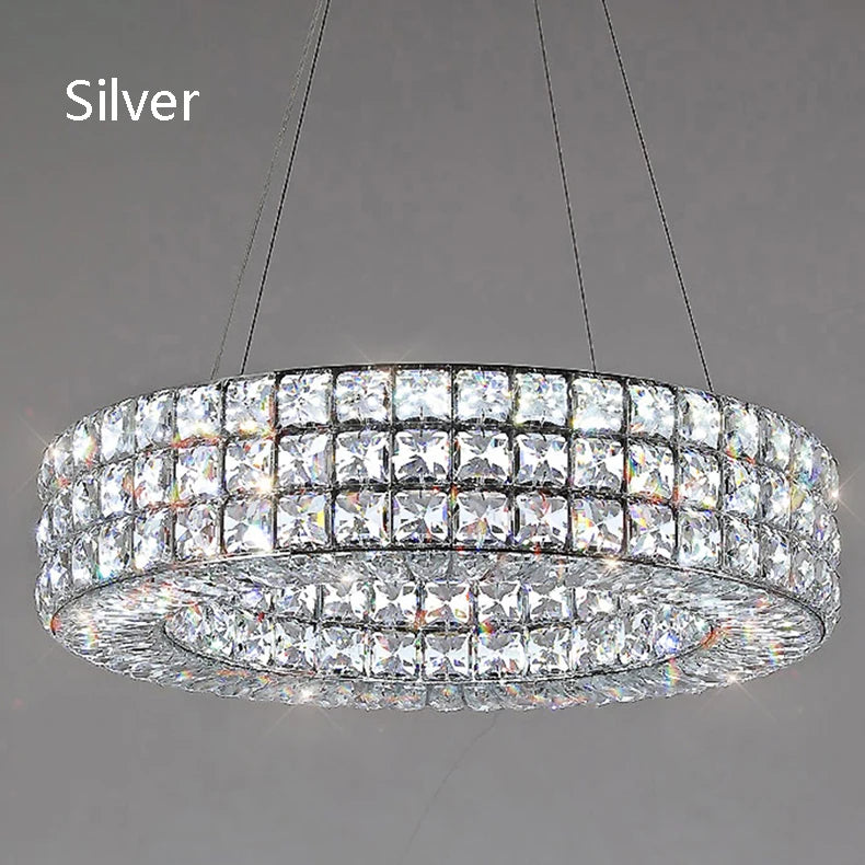 Crystal trim detail on a silver halo ring ceiling chandelier
