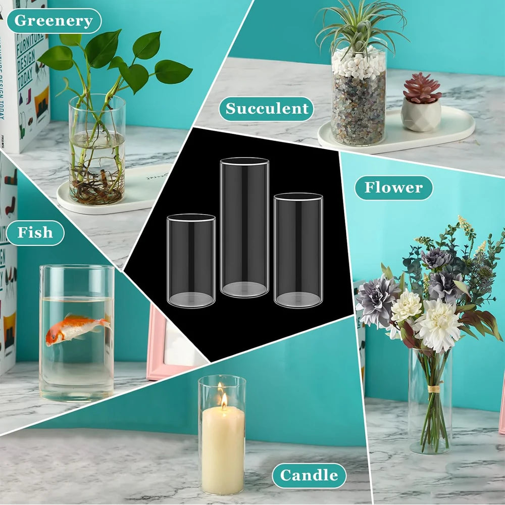 Six clear glass cylinder vases with floating candles on a banquet table