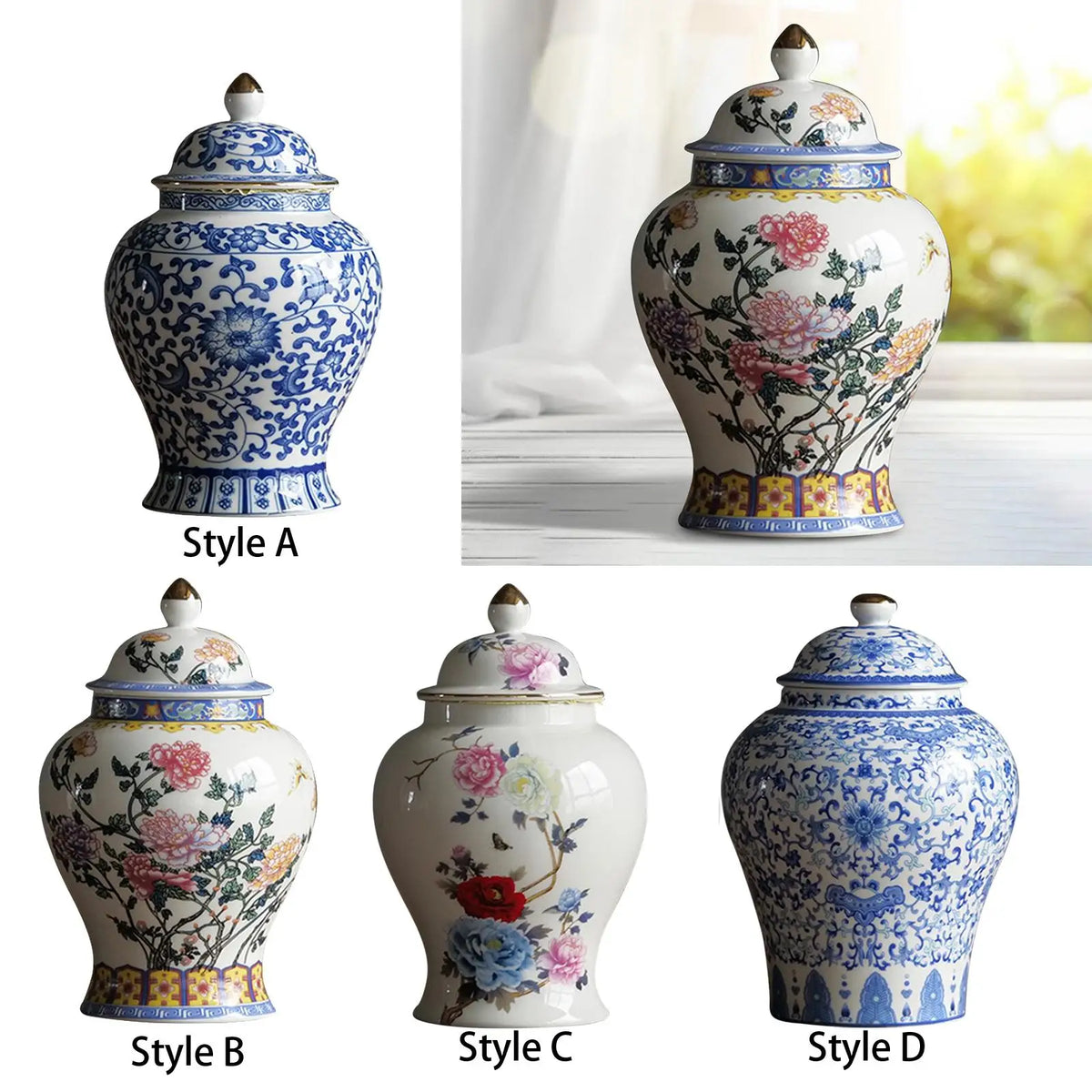 Oriental ceramic ginger jar collection multiple color variants