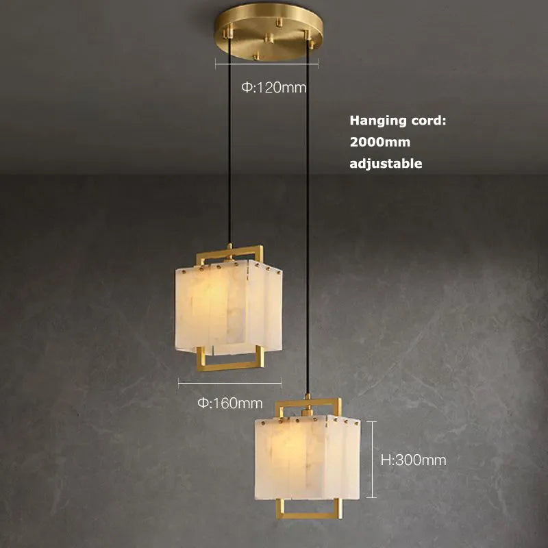Five light marble chandelier on a polished stainless steel frame