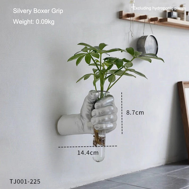 Resin hand wall vase in alternative pose styled in maximalist bedroom interior