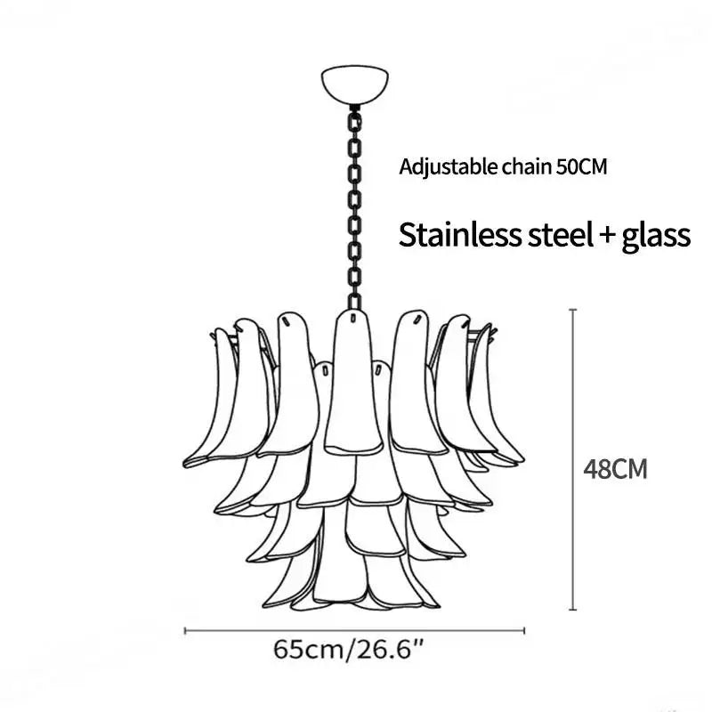 Brass chandelier with frosted glass shades angled outward on branching arms