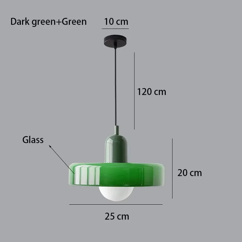 Green glass chandelier profile shown with its iron ceiling canopy