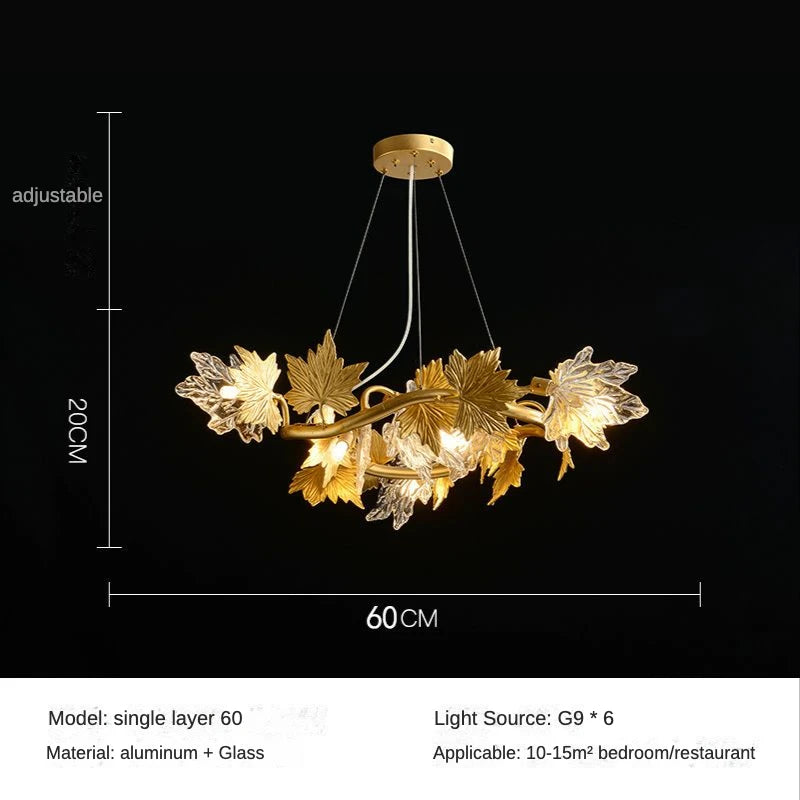 Maple leaf chandelier in gold with a dimmable LED light source