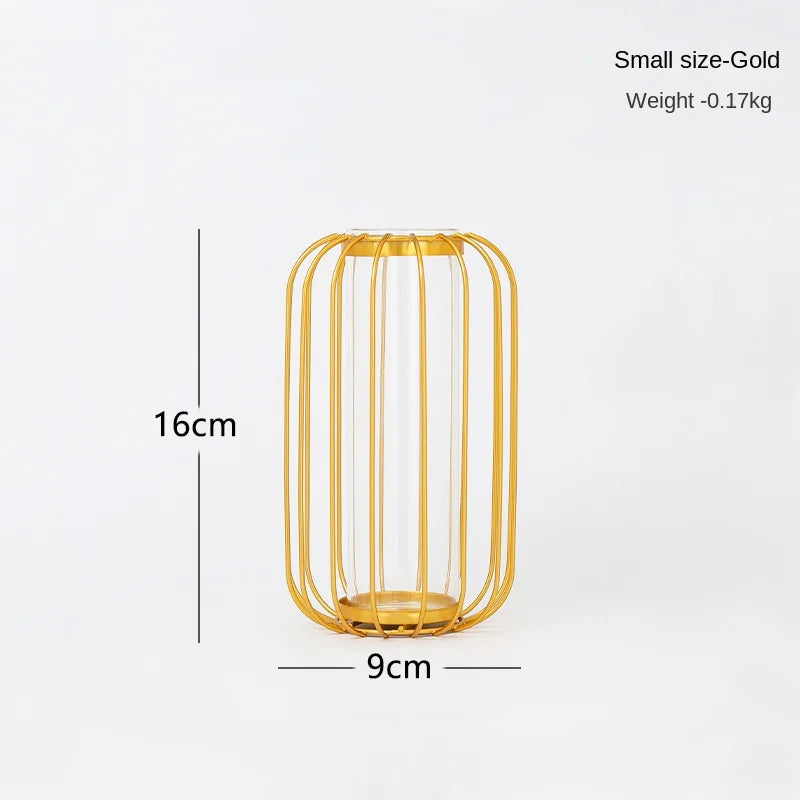 Iron art hollow gold vase with hydroponic test tube flower display