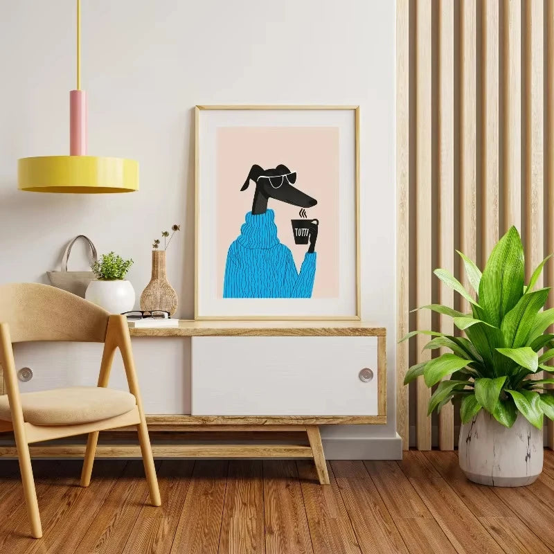 Winter dog in Santa hat cozy canvas wall art print — close-up detail view