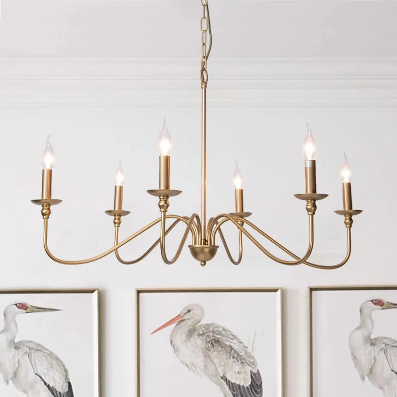 Vintage metal tiered chandelier with exposed bulbs on slim branching arms