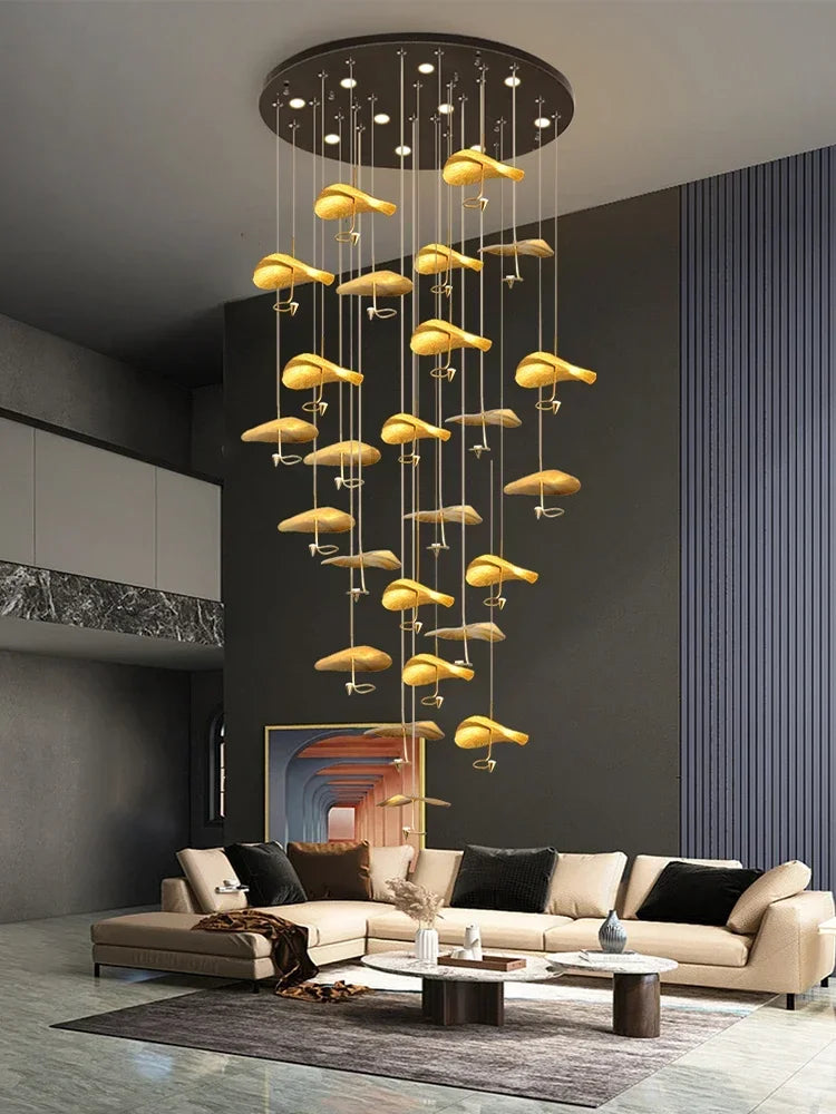 Copper lotus staircase chandelier with forged open flower shades