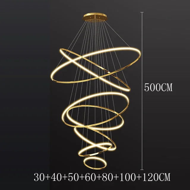 Ring chandelier shown lit in warm white LED light down the drop