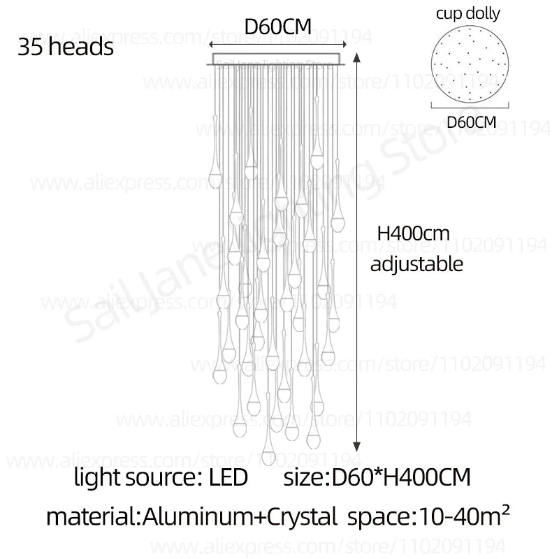Twelve head raindrop chandelier, 15.7 in across, 118.1 in drop