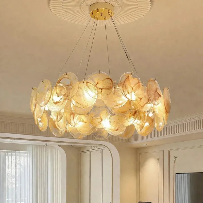 Yellow blown glass chandelier at 31.5 in diameter with 42 pieces