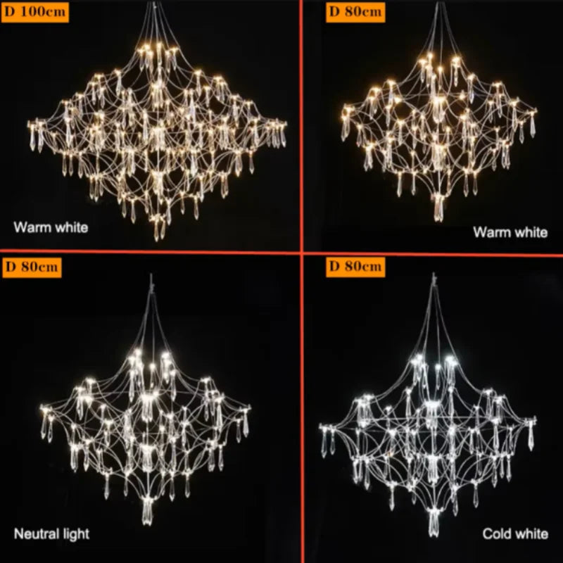 Slender plated steel chandelier arms set with small LED points, chrome finish