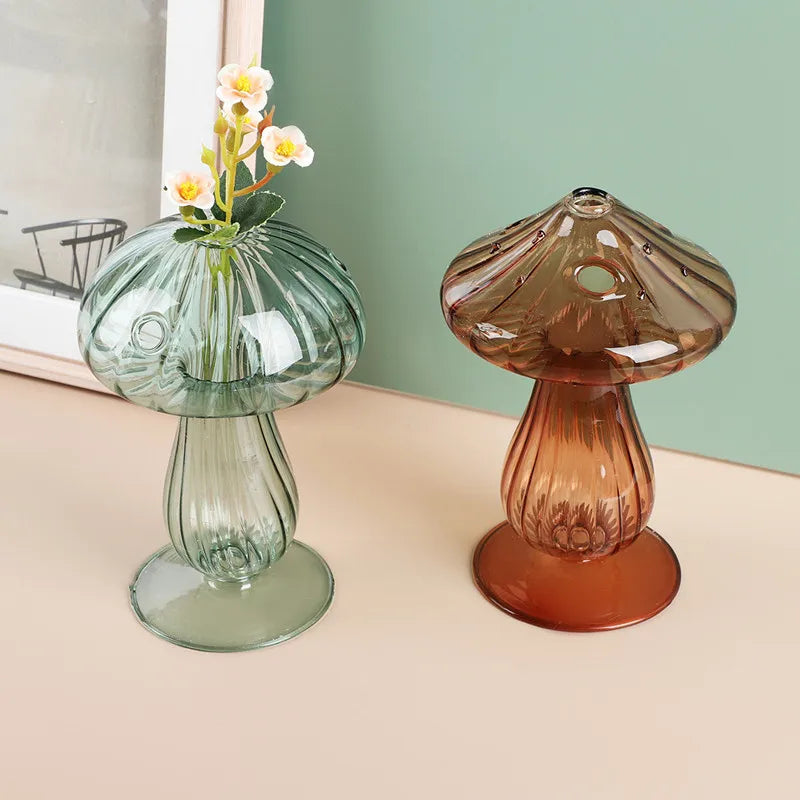 Yellow mini mushroom glass hydroponic vase on Scandinavian styled shelf