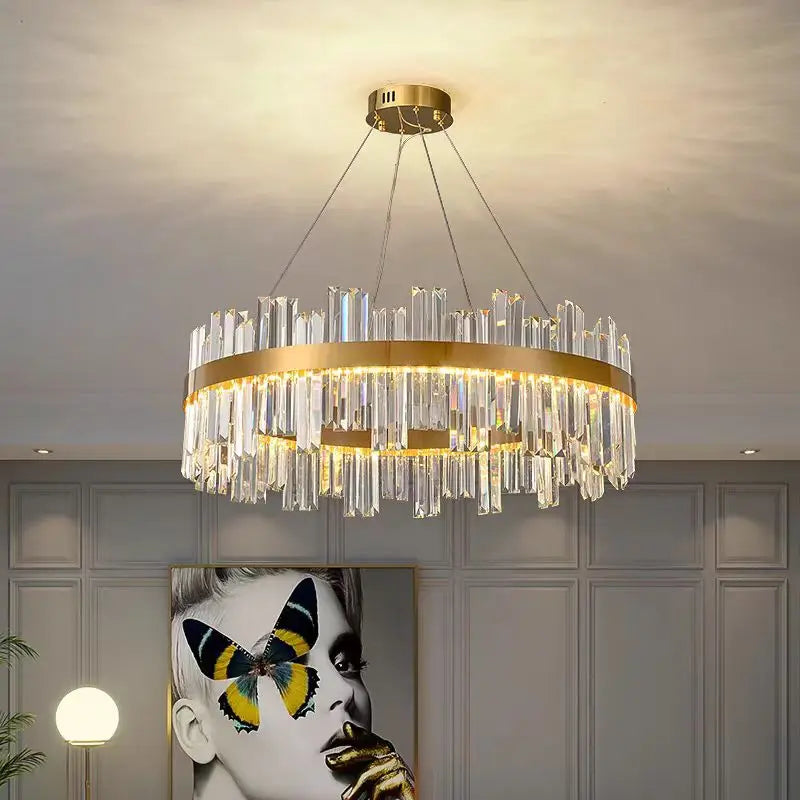 Black and gold circle chandelier, 23.6 in across, edged in crystal