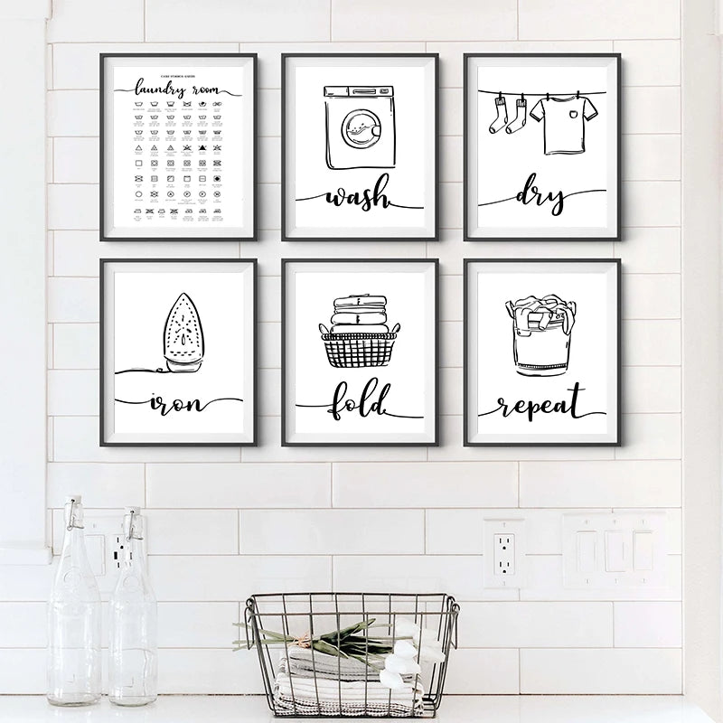 Minimalist Black White Stick Figure Laundry Canvas Art
