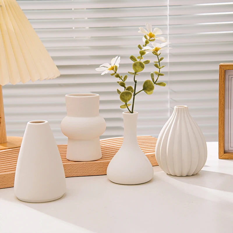 Nordic white ceramic vase C10 in medium rounded form with dried eucalyptus arrangement