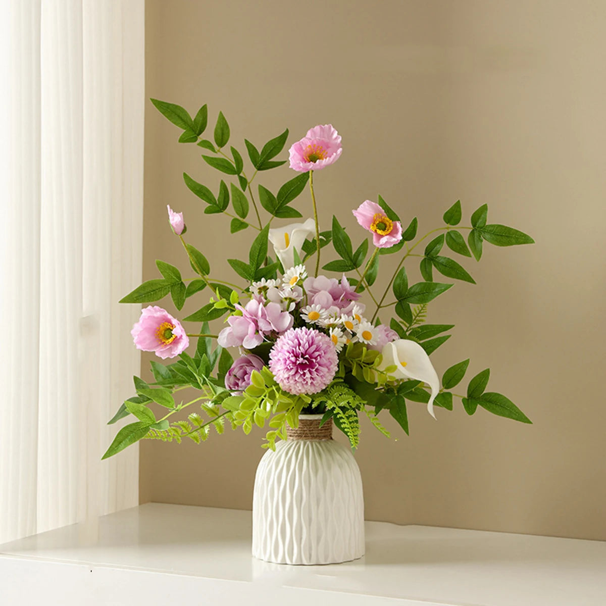 Beige Nordic wave ripple vase styled with dried botanical stems and greenery