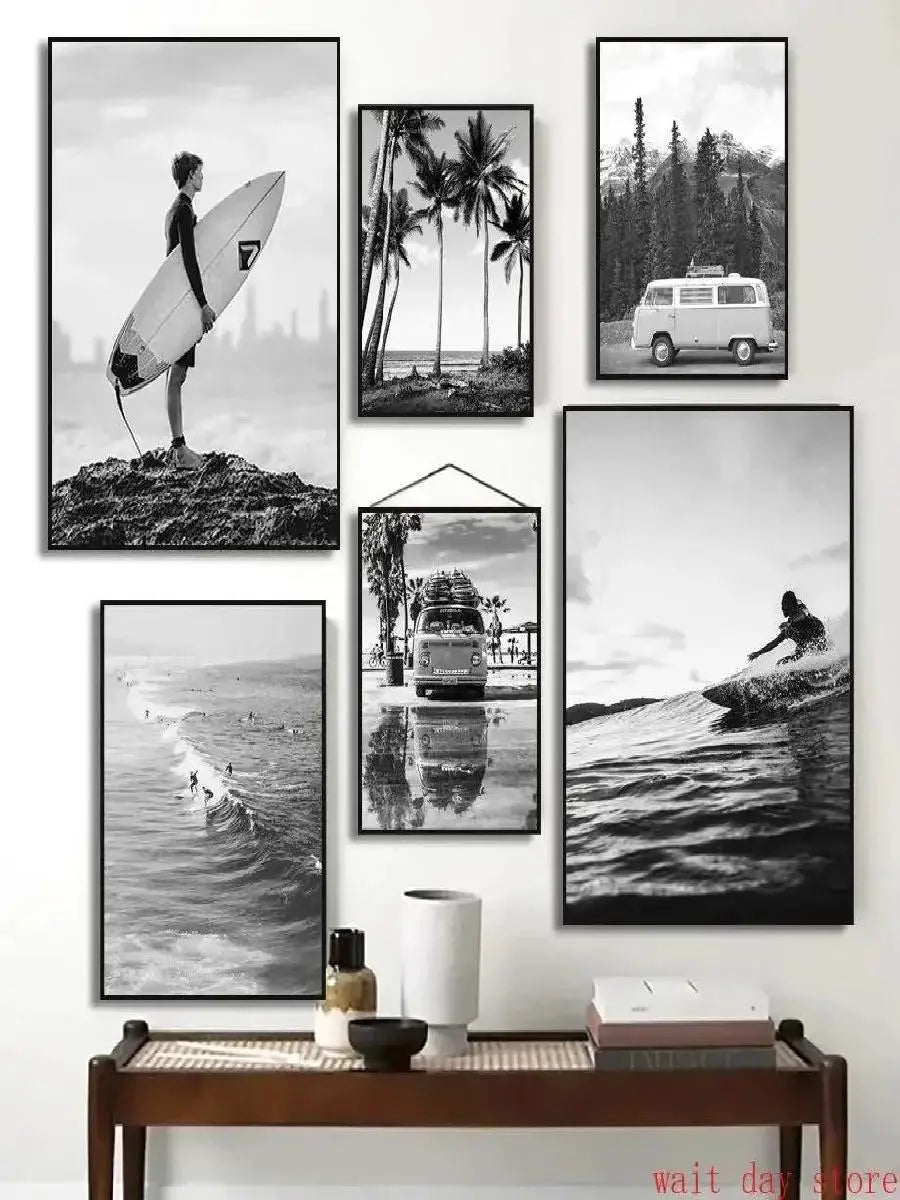 Beach Camper Van Surf Ocean Landscape Canvas Wall Art